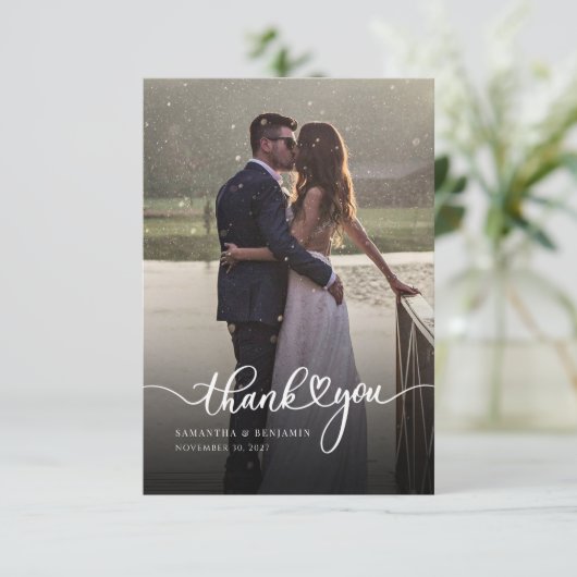 新モダン婚の写真手書き結婚の サンキューカード (スタンド正面)