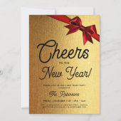 新モダン年イブパーティー金ゴールドグラムレッドボウ 招待状 (正面)