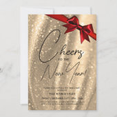 新モダン年イブ金ゴールドスパークルセクインレッドボウ 招待状 (正面)