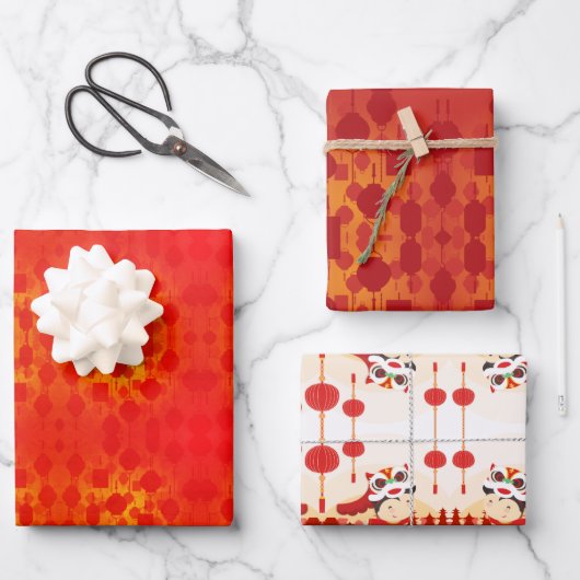 新中国の年ライオンダンスランタンW3PS ラッピングペーパーシート (正面)