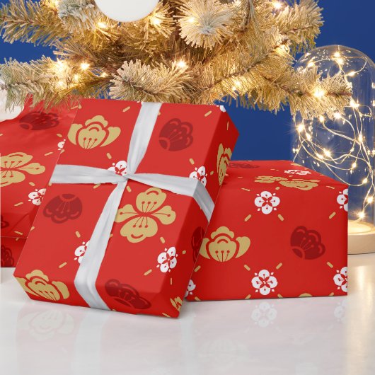 新中国の年花伝統的柄赤 ラッピングペーパー (クリスマス)