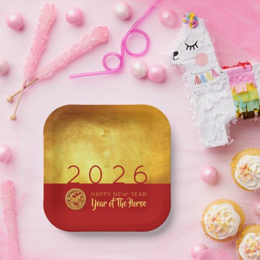 新中国の年馬2026赤金ゴールドSqPP ペーパープレート (パーティー)