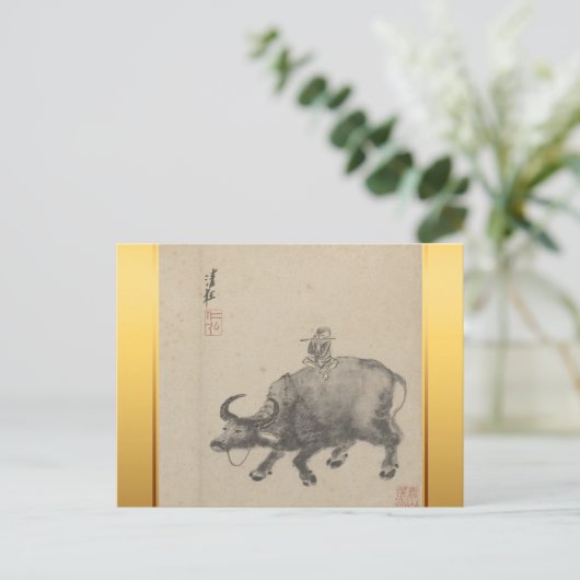 新中国の年Oxの〔占星術の〕十二宮図絵画誕生日HPost シーズンポストカード (スタンド正面)