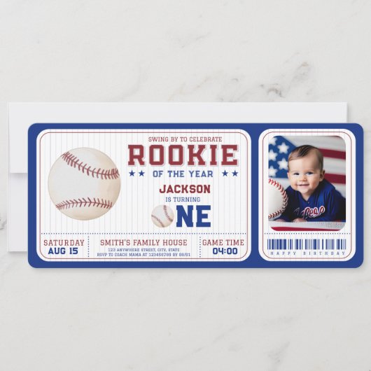 新人の年1歳の誕生日の野球チケット写真 招待状 (正面)