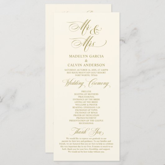 新人夫妻、ヴィンテージ・金ゴールド結婚の儀式 プログラム (正面/裏面)