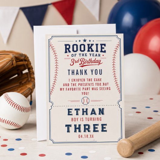 新人王の年の野球の3歳の誕生日パーティー サンキューカード