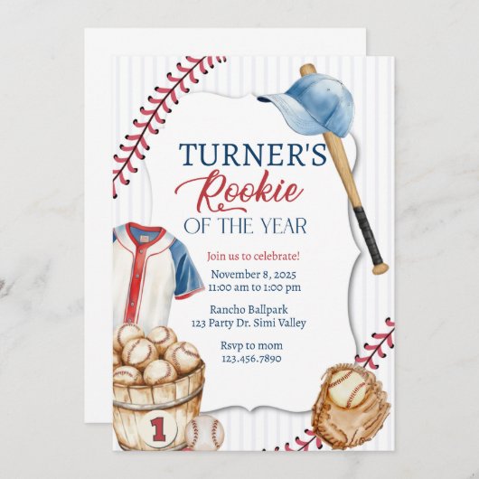 新人王、野球の誕生日、1歳 招待状 (正面/裏面)