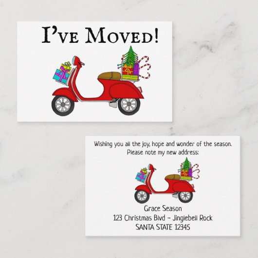 新住所クリスマスプレゼント付き赤レトロスクーター 名刺 (正面/裏面)