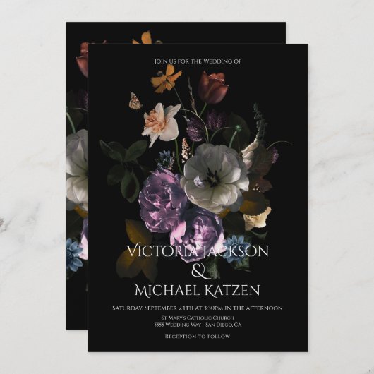 新古典派フローラムーンライトダーク&ムーディ結婚ーズ 招待状 (正面/裏面)