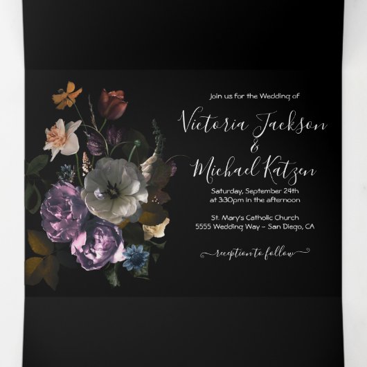 新古典派ムーンライトフローラダーク&ムーディ結婚ーズ 三つ折り招待状 (内部中)