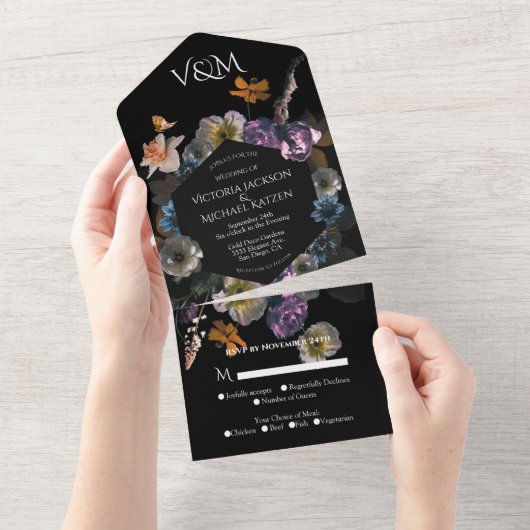 新古典派ムーンライトフローラダーク&ムーデ結婚ィーズ オールインワン招待状 (貼ってはがせる)