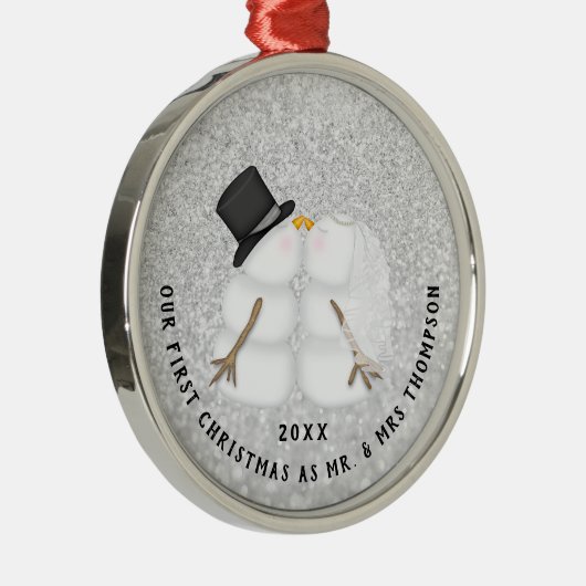 新型シルバースノーカップル初めてのクリスマス メタルオーナメント (右)