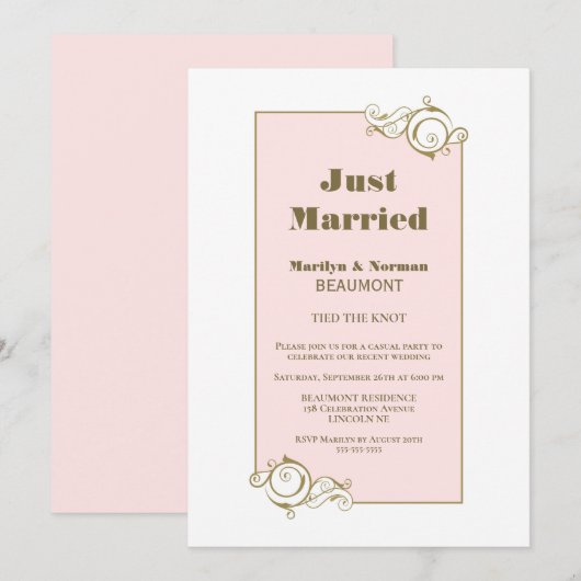 新婚おめでとう ゴールドフレーム ピンクの結婚式の披露宴 招待状 (正面/裏面)