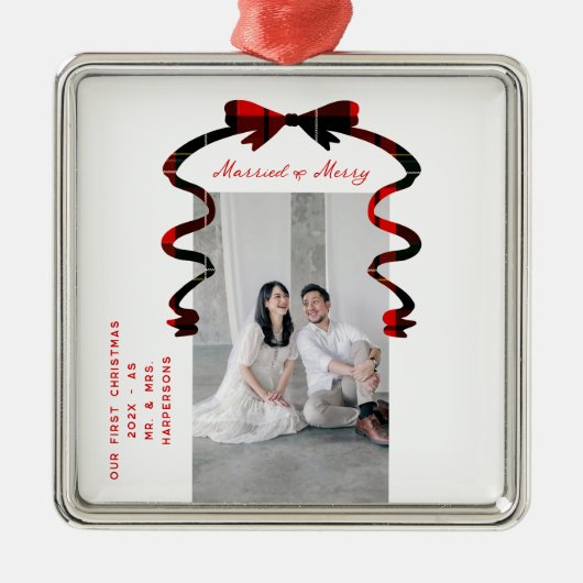 新婚さんメリークリスマス リボン 写真 メタルオーナメント (正面)