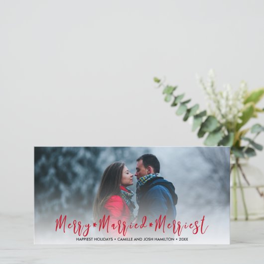 新婚たった今結婚しましたクリスマスホリデーフォト シーズンカード (スタンド正面)