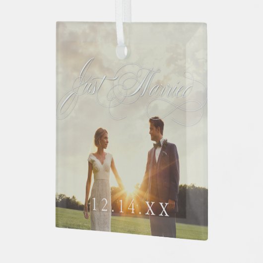新婚たった今結婚しました結婚の日付写真 ガラスオーナメント (正面左)