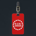 新婚のお気に入りの可愛いミスターとミセス・モノグラムの荷物タグ ラゲッジタグ<br><div class="desc">可愛いミスターとミセス・モノグラムの新しい名前のラゲッ結婚グのタグパーソナライズされた。おもしろい結婚/新婚カップルのための新婚旅行ギフトアイディア。新郎新婦のために自分で作りなさい。赤と白ハート色ラベル。</div>