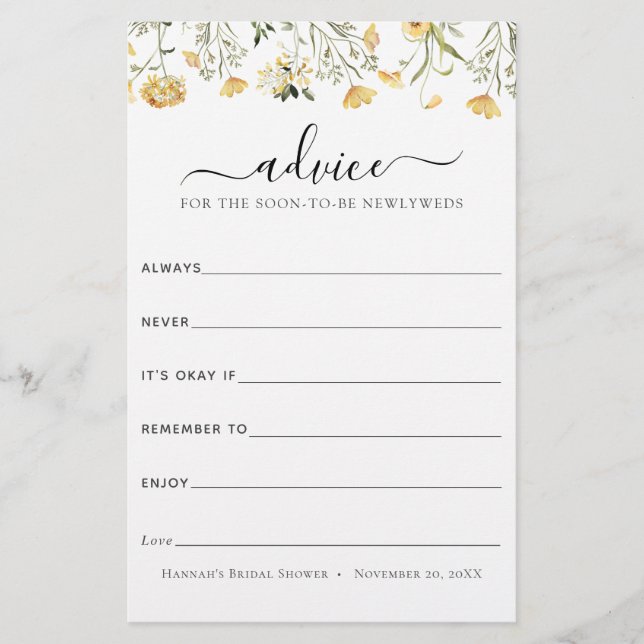 新婚のための繊細な黄色のワイルドフラワーアドバイス (正面)