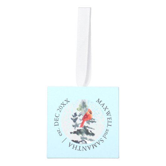 新婚のカスタム初めてのクリスマス写真 キューブオーナメント (正面)