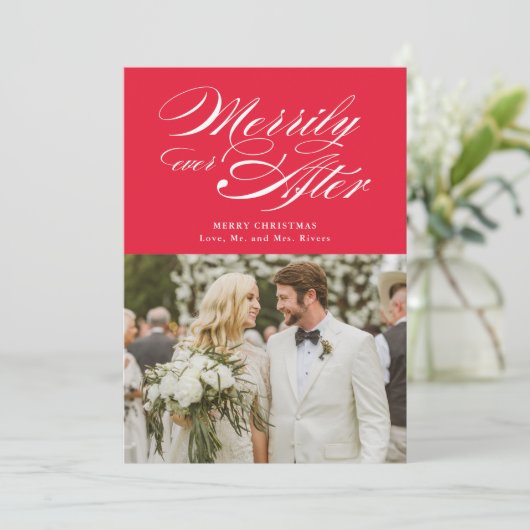 新婚のクリスマス写真の後、楽しく続く シーズンカード (スタンド正面)