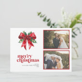 新婚のクリスマス祝い 赤いリボンのヒイラギ 写真2枚入り シーズンカード (スタンド正面)