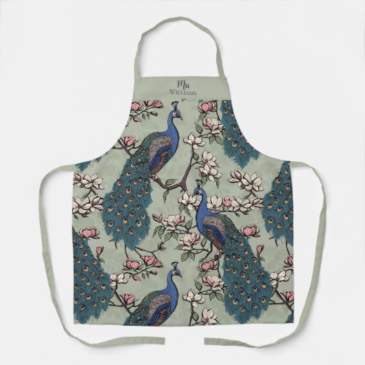 新婚のミスター・アンド・ミセス・フローラ・ピーコック・セージ・グリーン エプロン (正面)