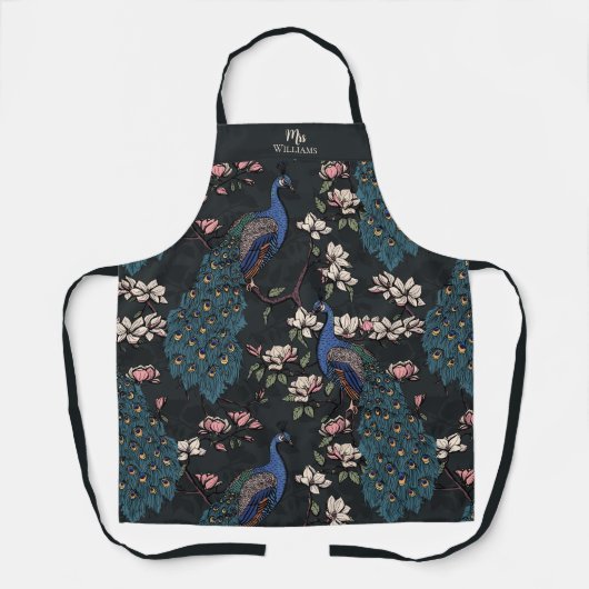 新婚のミスター・ミセス フローラル ピーコック ブラック エプロン (正面)