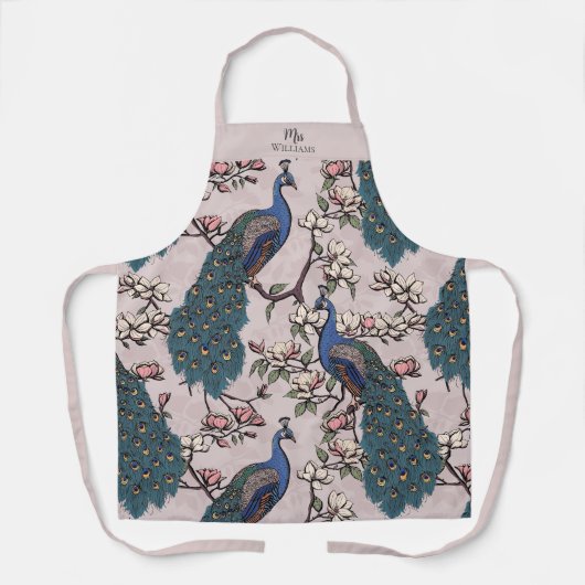 新婚のミスター&ミセス フローラル ピーコック ブラッシュ ピンク エプロン (正面)