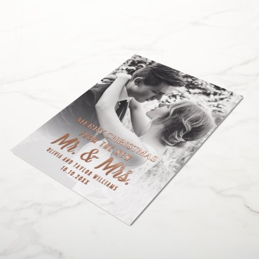 新婚のミセス・アンド・ミセス・初めてのクリスマスカスタム写真 箔シーズンカード (回転した状態)