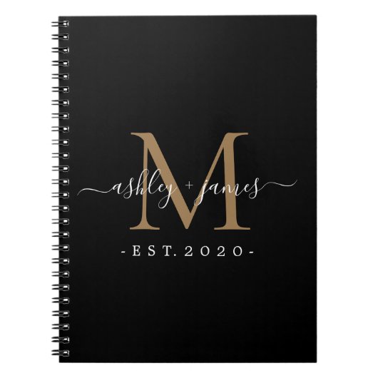 新婚のミセス・モノグラムの名前の年の金ゴールドブラック ノートブック (正面)