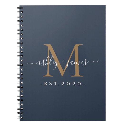 新婚のミセス・モノグラム氏の名前の年の金ゴールドダークブルー ノートブック (正面)