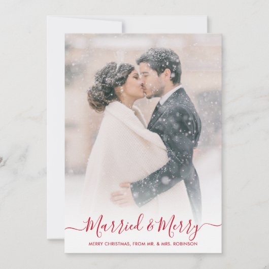 新婚の写真と結婚したスクリプメリートのクリスマス シーズンカード (正面)