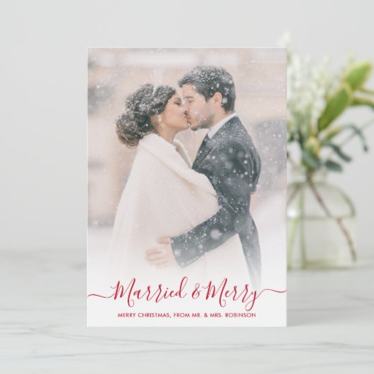 新婚の写真と結婚したスクリプメリートのクリスマス シーズンカード (スタンド正面)