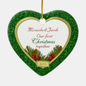 新婚の初めてのクリスマスが一緒に写真クリスマス セラミックオーナメント (裏面)