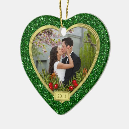 新婚の初めてのクリスマスが一緒に写真クリスマス セラミックオーナメント (左)