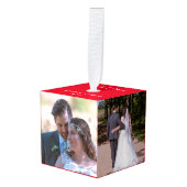 新婚の最初の結婚したクリスマス5枚の写真 キューブオーナメント (正面アングル)