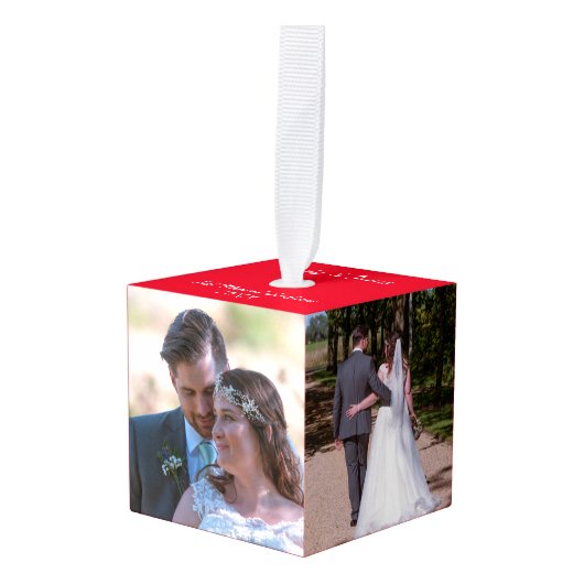 新婚の最初の結婚したクリスマス5枚の写真 キューブオーナメント (正面アングル)