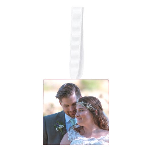 新婚の最初の結婚したクリスマス5枚の写真 キューブオーナメント (正面)