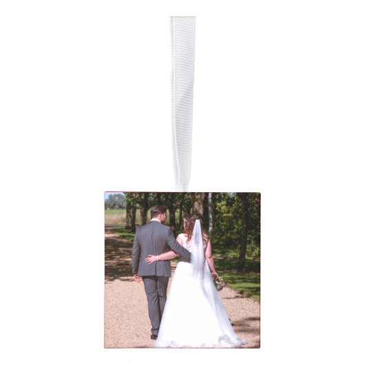 新婚の最初の結婚したクリスマス5枚の写真 キューブオーナメント (右)