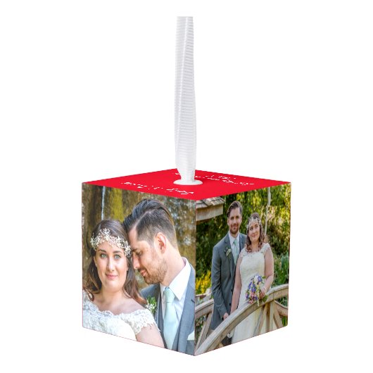 新婚の最初の結婚したクリスマス5枚の写真 キューブオーナメント (裏面アングル)