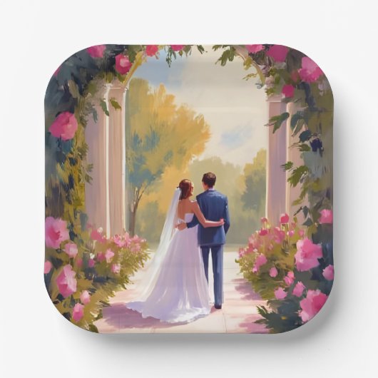 新婚の花嫁と花婿の結婚式の絵画 ペーパープレート (正面)