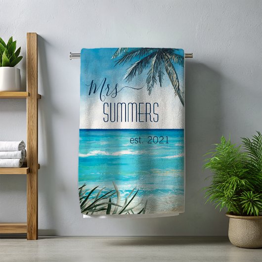 新婚の花嫁モノグラムウォーターカラーシースケープ ビーチタオル