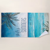 新婚の花嫁モノグラムウォーターカラーシースケープ ビーチタオル (正面)