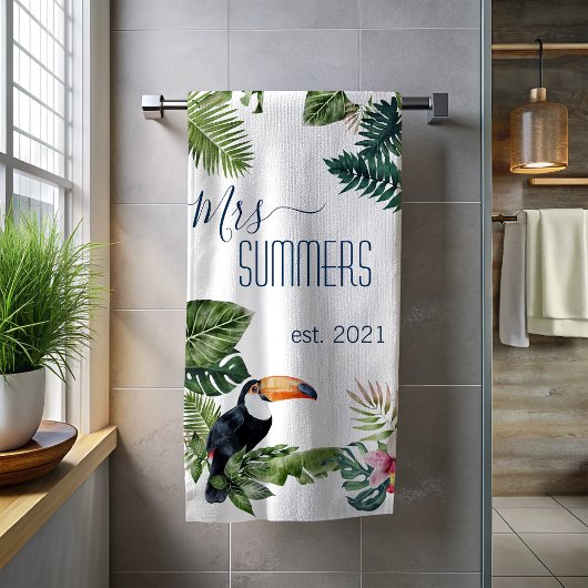 新婚の花嫁モノグラム熱帯葉産 ビーチタオル