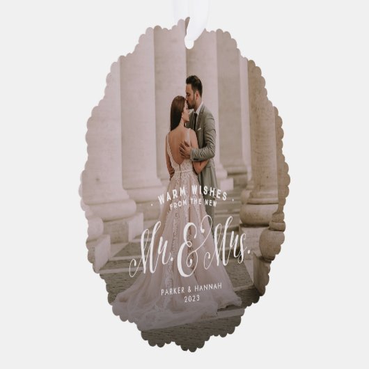 新婚の2枚の写真エレガントクリスマス結婚の オーナメントカード (右)