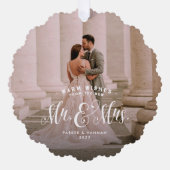 新婚の2枚の写真エレガントクリスマス結婚の オーナメントカード (正面)