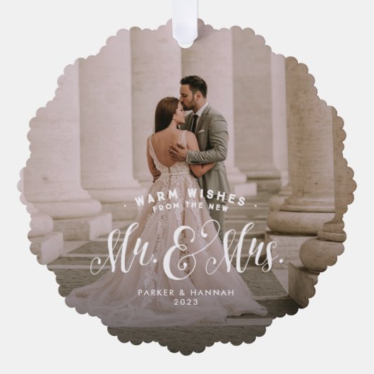 新婚の2枚の写真エレガントクリスマス結婚の オーナメントカード (正面)