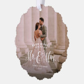 新婚の2枚の写真エレガントクリスマス結婚の オーナメントカード (左)