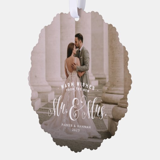 新婚の2枚の写真エレガントクリスマス結婚の オーナメントカード (左)