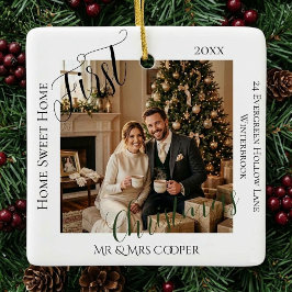新婚カップルの最初のクリスマス新居の写真 セラミックオーナメント